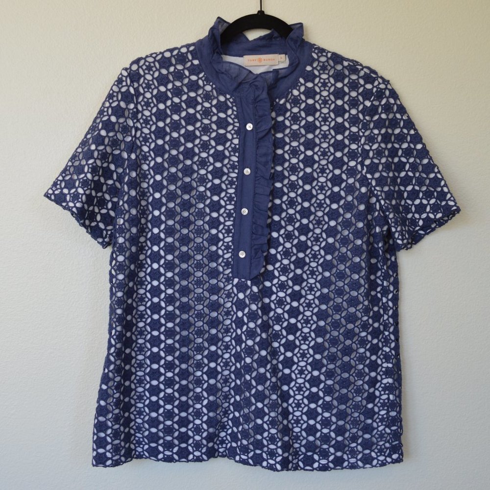 Tory Burch Top Marine Blue and White; size XL. Perfect for a summer picnic!